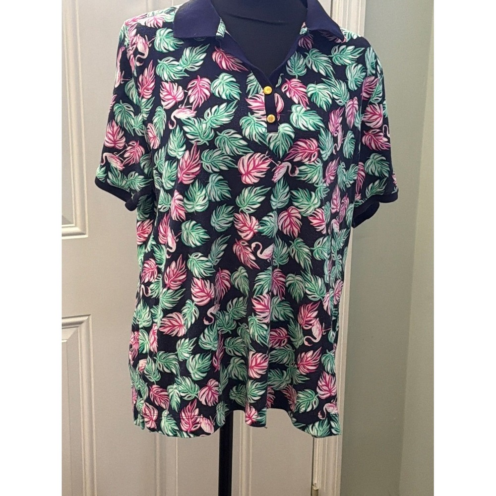 crown & ivy Navy Short Sleeve Polo Top with Pink and Green Leaf Print